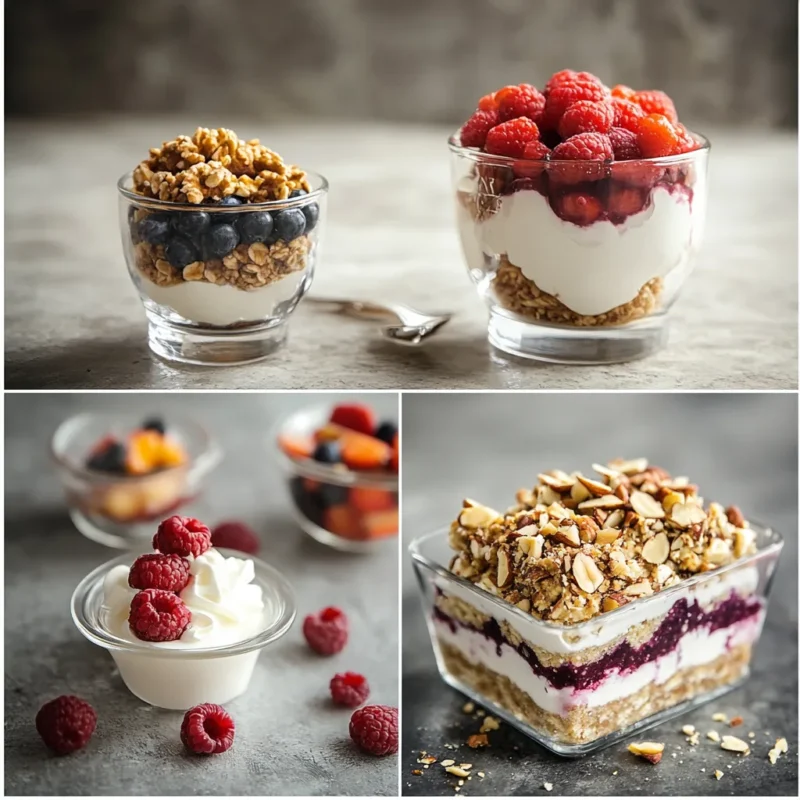 No-bake Greek yogurt desserts like parfaits, mousses, and cheesecakes, beautifully arranged with fresh berries and honey.