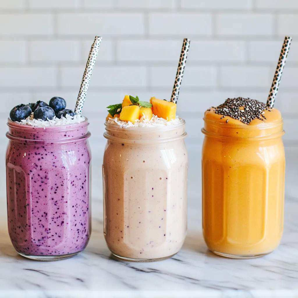 A delicious glass of cottage cheese smoothie with fresh fruit toppings on a wooden table.