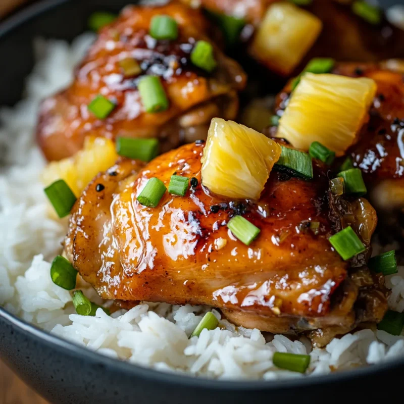 Sweet Hawaiian A bowl of tender Crockpot Chicken with Pineapple and Rice