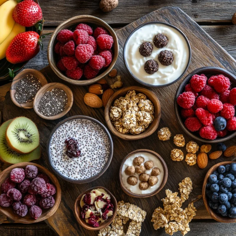 A variety of sweet high-protein snacks on a wooden table, including Greek yogurt parfaits, chia seed pudding, protein balls, and oat cookies, garnished with fresh fruits and nuts.