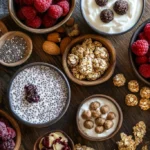 A variety of sweet high-protein snacks on a wooden table, including Greek yogurt parfaits, chia seed pudding, protein balls, and oat cookies, garnished with fresh fruits and nuts.