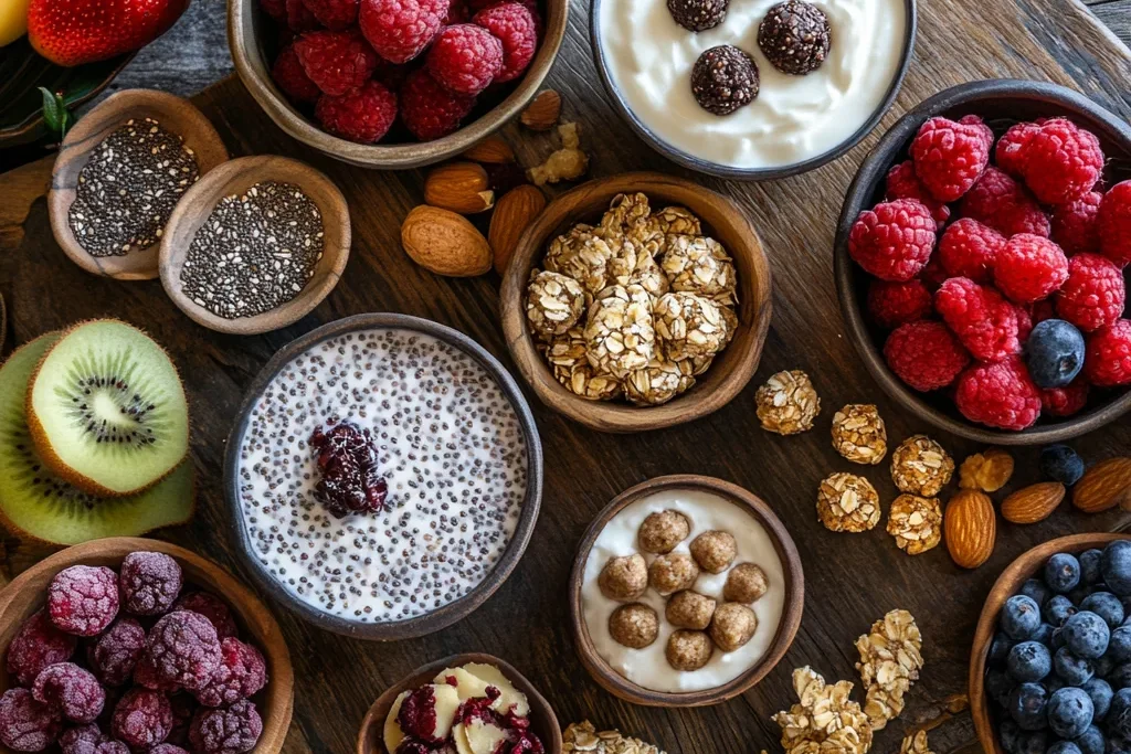 A variety of sweet high-protein snacks on a wooden table, including Greek yogurt parfaits, chia seed pudding, protein balls, and oat cookies, garnished with fresh fruits and nuts.